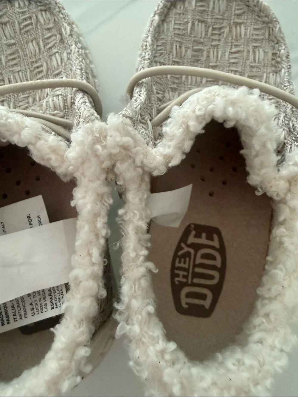 Hey Dude Kids Tan Woven Moccasin Slippers with White Sherpa Trim NWOT